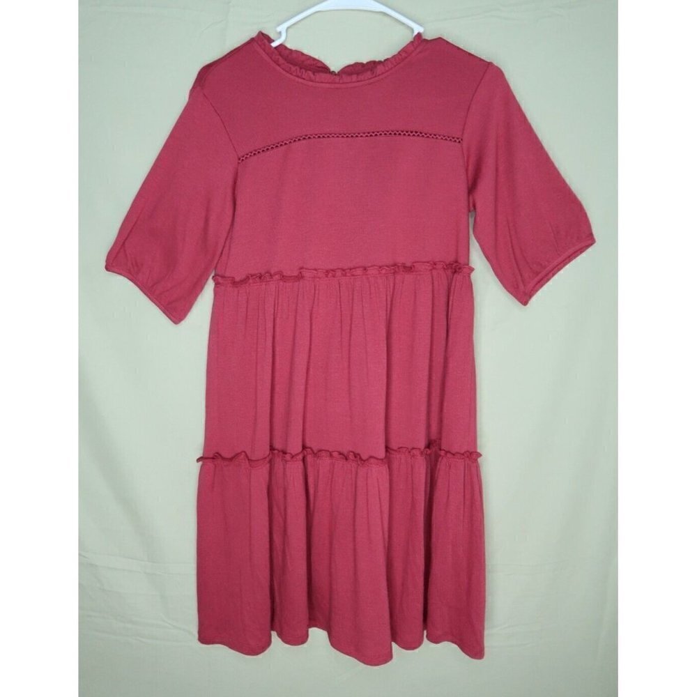 Knox Rose Tiered Dress Ruffle Crinkle Short Sleeve Knee Length Red Women's XS